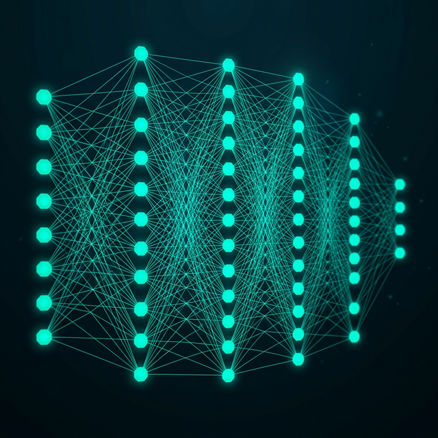 Formation Deep Learning — réseau de neurones avec nodes teal illuminés