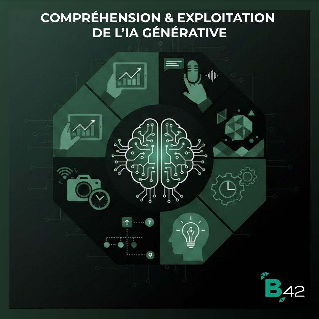 Formation IA générative et outils d'intelligence artificielle avec Babylone 42. Maîtrise du Prompt Engineering, utilisation de ChatGPT, Grok, Claude, Mistral et modèles de langage LLM. Expertise Tech en création de contenu automatisée, productivité boostée par l'IA et transformation numérique pour entreprises. Apprentissage des agents conversationnels, IA multimodale, génération de texte, code et images. Solution pour entrepreneurs et professionnels souhaitant intégrer l'intelligence artificielle générative dans leur workflow quotidien et booster leur carrière technologique.