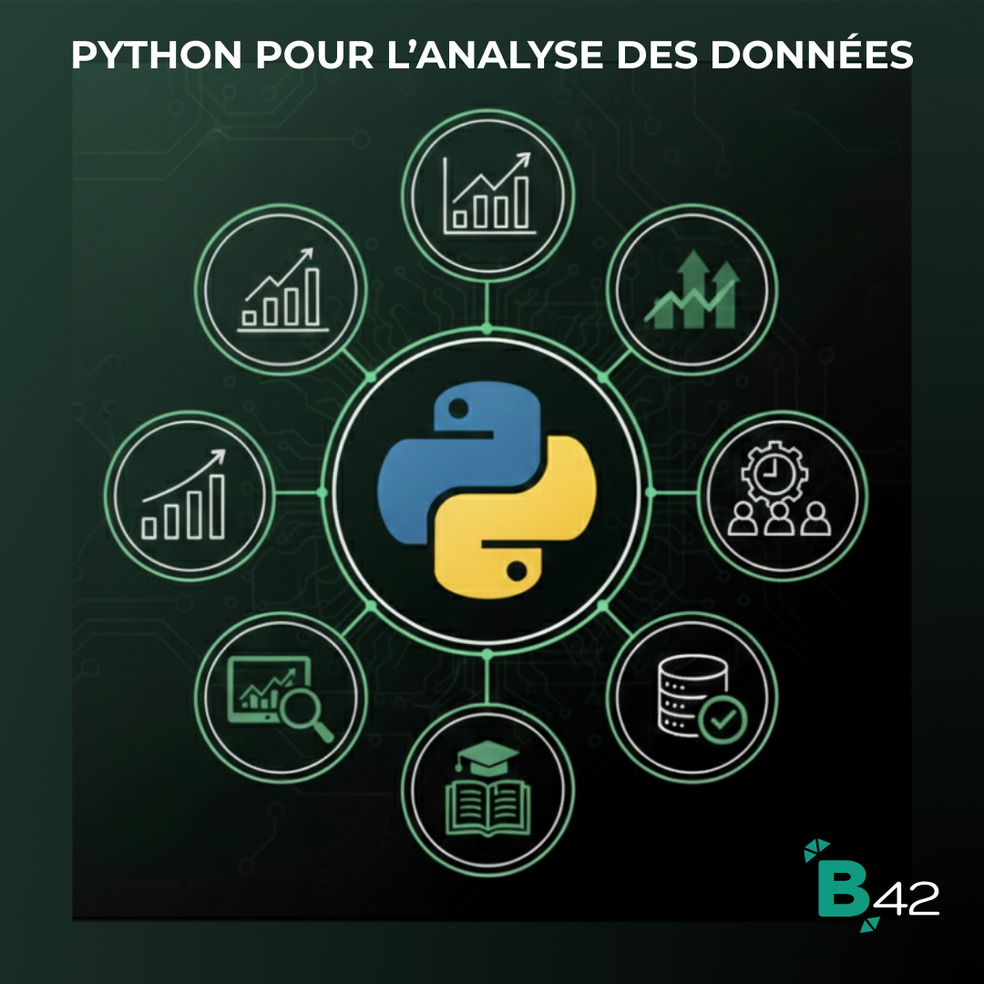 Formation Python pour l'analyse de données et Data Science chez Babylone 42. Apprentissage de la programmation orientée objet, manipulation de librairies Pandas, NumPy, et Matplotlib. Expertise en visualisation de données, prétraitement, nettoyage de datasets et IA appliquée au code. Compétences en Business Intelligence, automatisation de rapports et Big Data. Solution Tech pour professionnel en reconversion, analyste et entrepreneur. Programmation de scripts, algorithmes et utilisation de l'intelligence artificielle pour l'optimisation du workflow data.